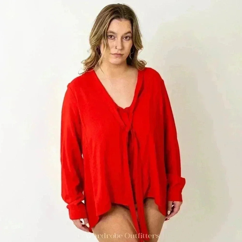 Maeve by Anthropologie Tie Front Red Long Sleeve Blouse - Picture 3 of 11